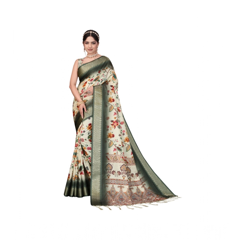 Women's Cotton Silk Printed Saree With Unstitched Blouse 5.5Mtr?(Green)