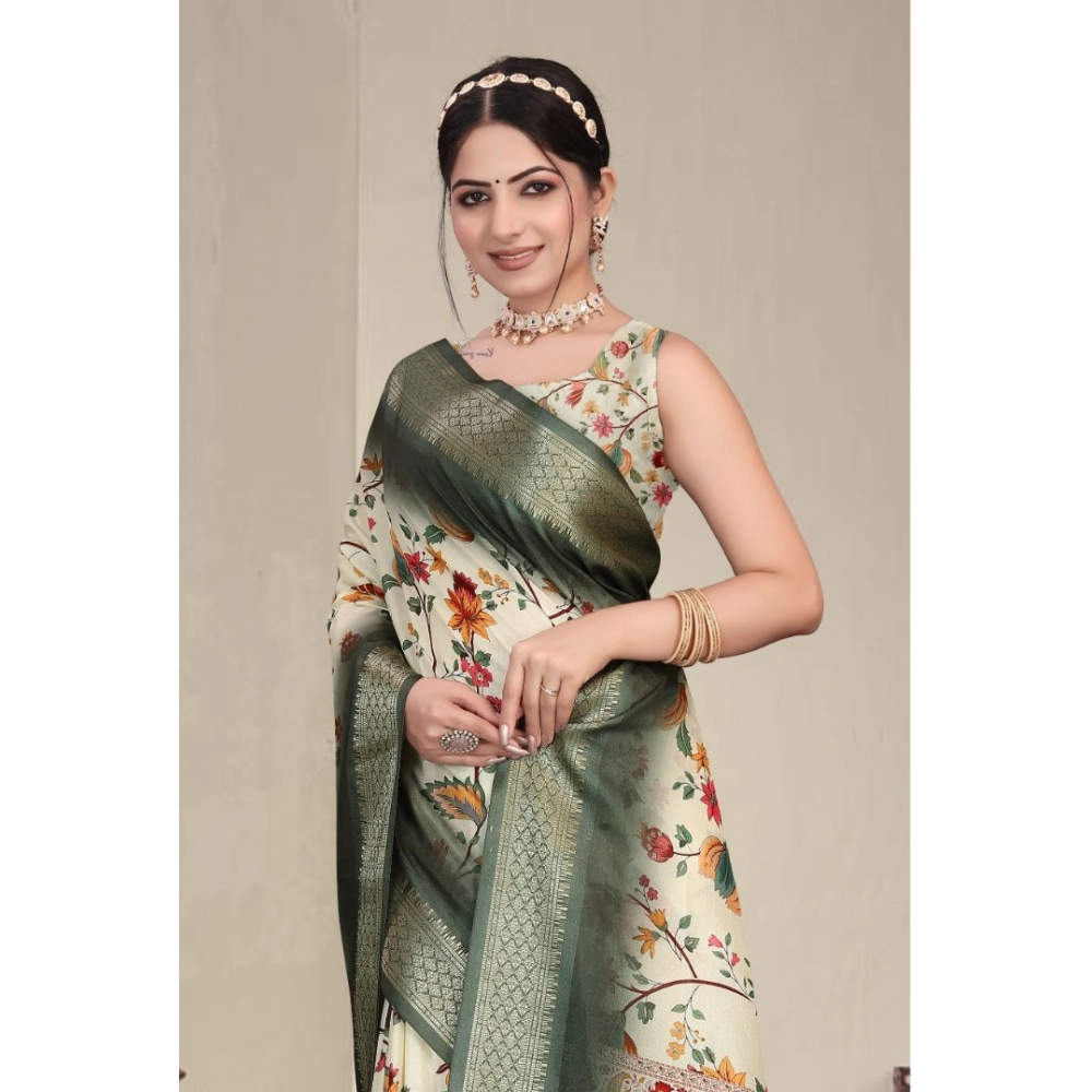 Women's Cotton Silk Printed Saree With Unstitched Blouse 5.5Mtr?(Green) - Image 2