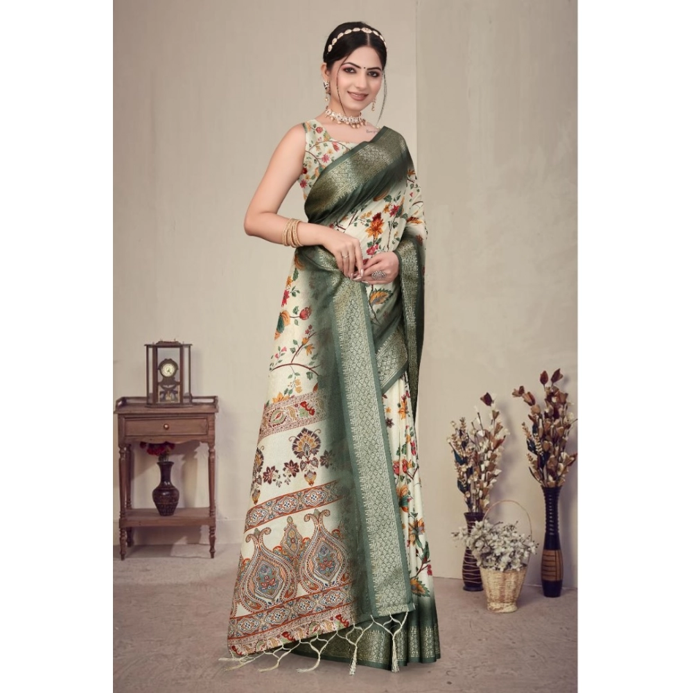 Women's Cotton Silk Printed Saree With Unstitched Blouse 5.5Mtr?(Green) - Image 3