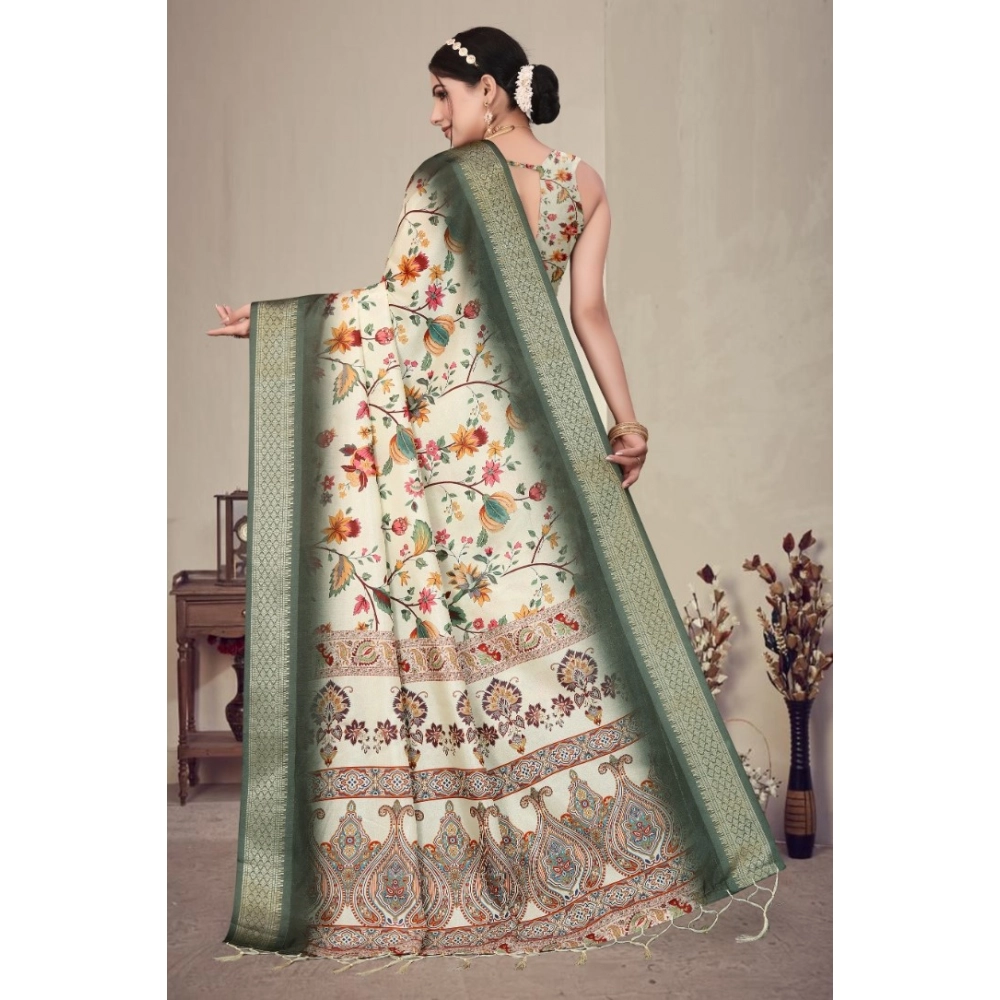 Women's Cotton Silk Printed Saree With Unstitched Blouse 5.5Mtr?(Green) - Image 4
