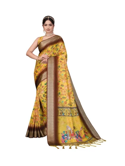 Women's Cotton Silk  Printed Saree With Unstitched Blouse 5.5Mtr?(Yellow)