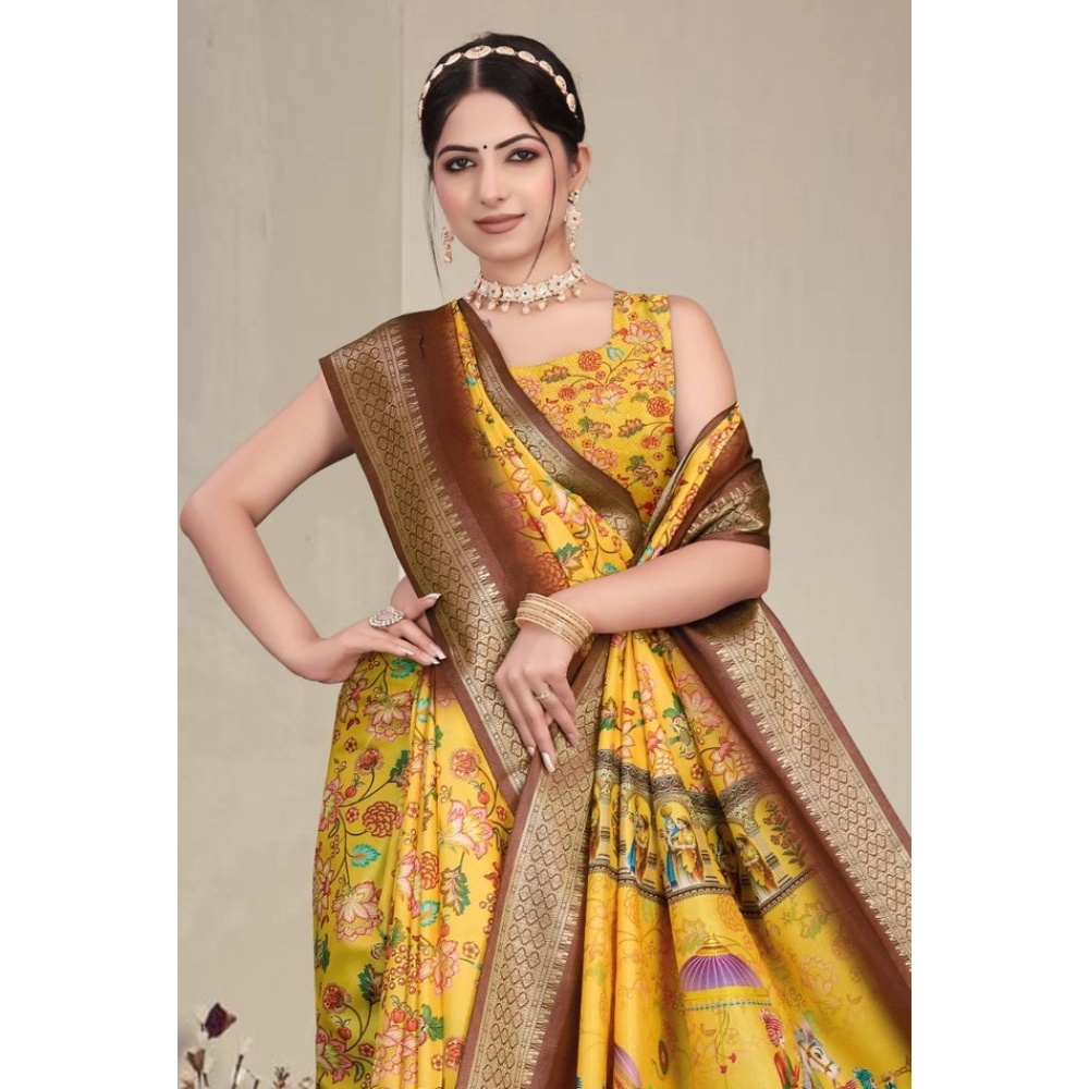 Women's Cotton Silk Printed Saree With Unstitched Blouse 5.5Mtr?(Yellow) - Image 3