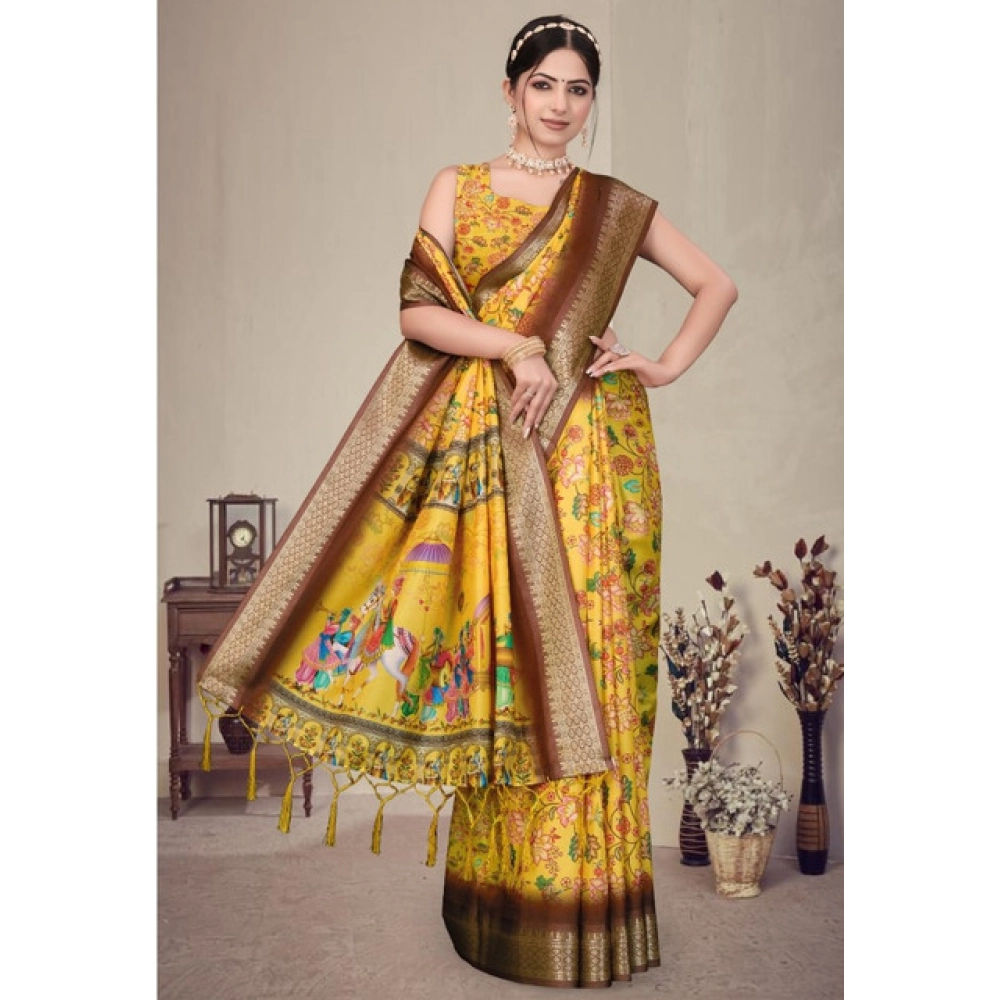 Women's Cotton Silk Printed Saree With Unstitched Blouse 5.5Mtr?(Yellow) - Image 4
