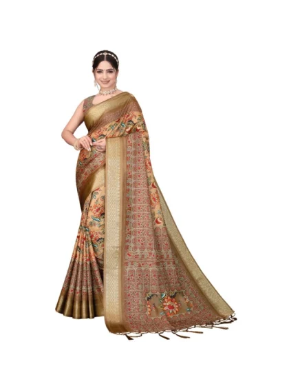 Women's Cotton Silk Printed Saree With Unstitched Blouse 5.5Mtr?(Peach)