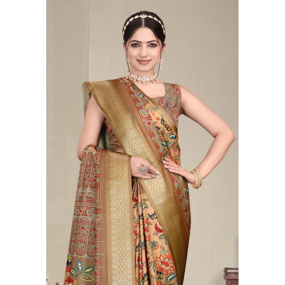 Women's Cotton Silk Printed Saree With Unstitched Blouse 5.5Mtr?(Peach) - Image 3