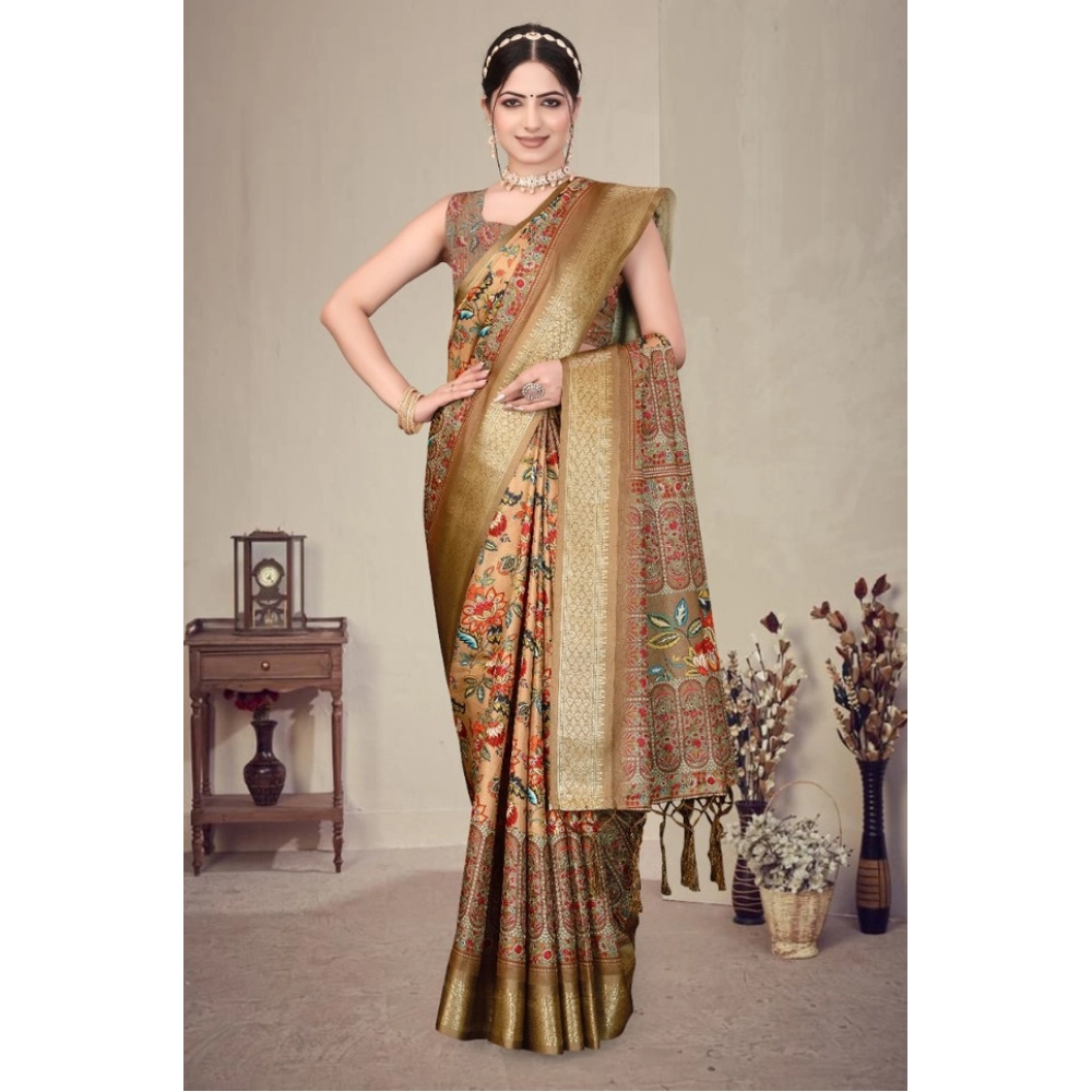 Women's Cotton Silk Printed Saree With Unstitched Blouse 5.5Mtr?(Peach) - Image 4