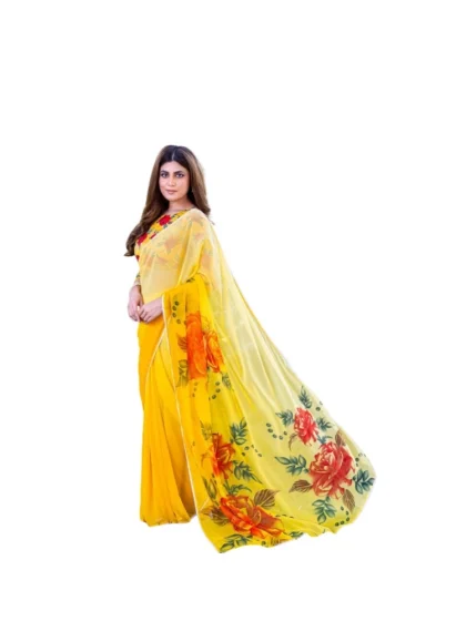 Women's Georgette Printed Saree With Unstitched Blouse 5.5Mtr?(Yellow)