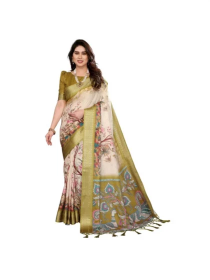 Women's Cotton Silk Printed Saree With Unstitched Blouse 5.5Mtr?(Olive Green)