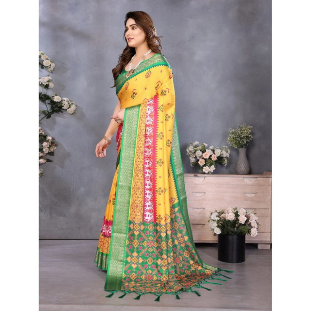 Women's Cotton Silk Printed Saree With Unstitched Blouse 5.5Mtr?(Yellow) - Image 2