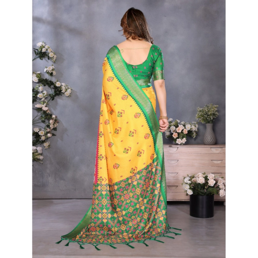 Women's Cotton Silk Printed Saree With Unstitched Blouse 5.5Mtr?(Yellow) - Image 3