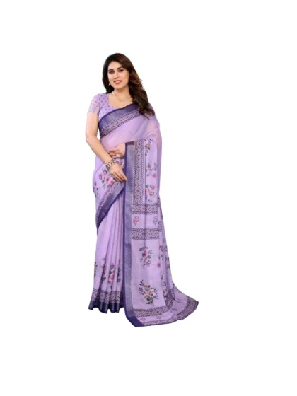 Women's Linen Cotton Printed Saree With Unstitched Blouse 5.5Mtr?(Purple)