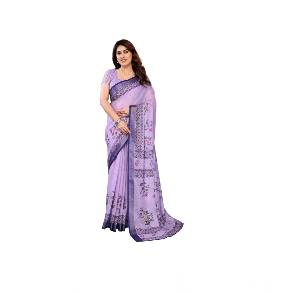 Women's Linen Cotton Printed Saree With Unstitched Blouse 5.5Mtr?(Purple)