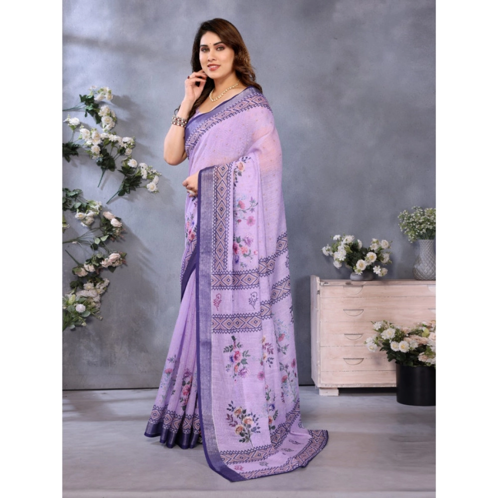 Women's Linen Cotton Printed Saree With Unstitched Blouse 5.5Mtr?(Purple) - Image 2