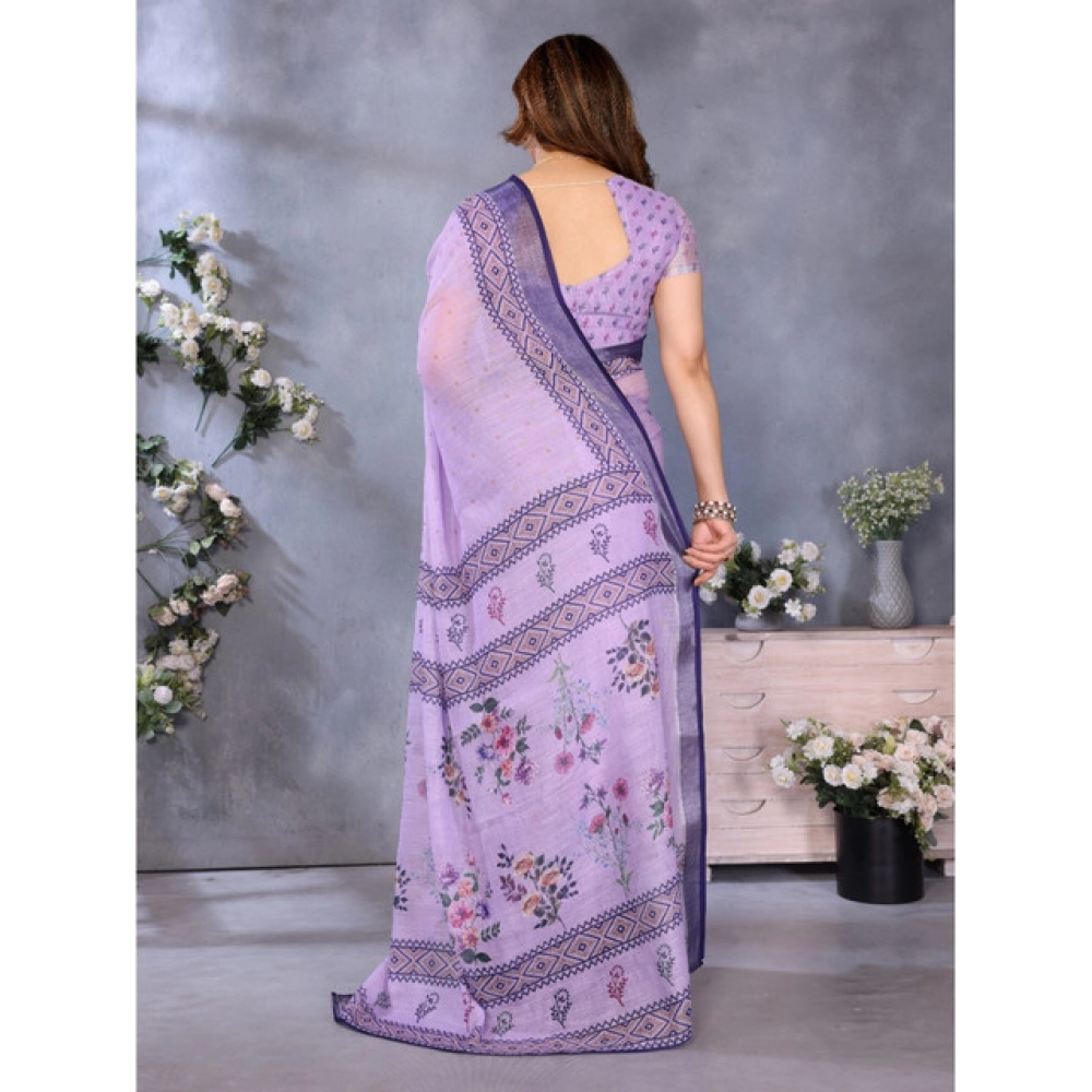 Women's Linen Cotton Printed Saree With Unstitched Blouse 5.5Mtr?(Purple) - Image 3