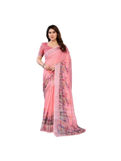 Women's Linen Cotton Printed Saree With Unstitched Blouse 5.5Mtr?(Peach)