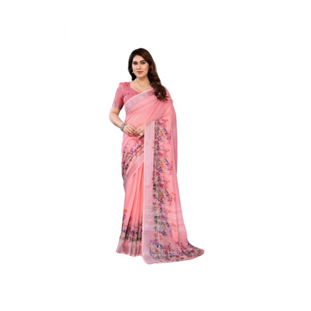 Women's Linen Cotton Printed Saree With Unstitched Blouse 5.5Mtr?(Peach)