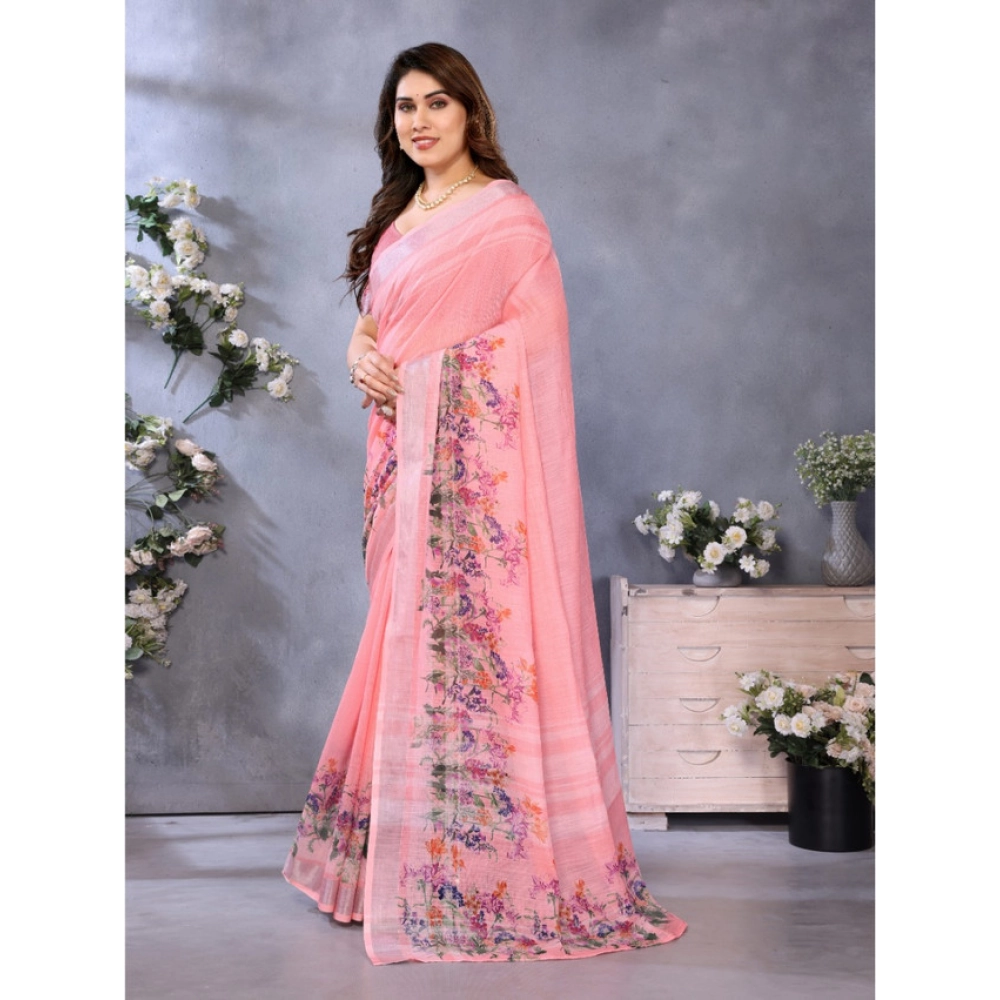 Women's Linen Cotton Printed Saree With Unstitched Blouse 5.5Mtr?(Peach) - Image 2