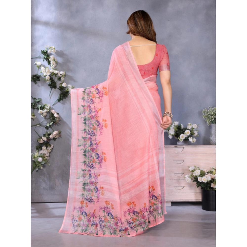 Women's Linen Cotton Printed Saree With Unstitched Blouse 5.5Mtr?(Peach) - Image 3