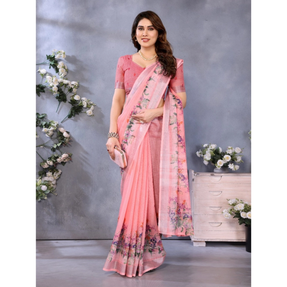 Women's Linen Cotton Printed Saree With Unstitched Blouse 5.5Mtr?(Peach) - Image 4