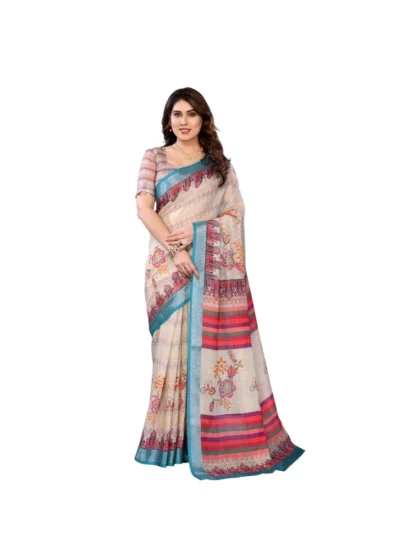 Women's Linen Cotton Printed Saree With Unstitched Blouse 5.5Mtr?(Cream)