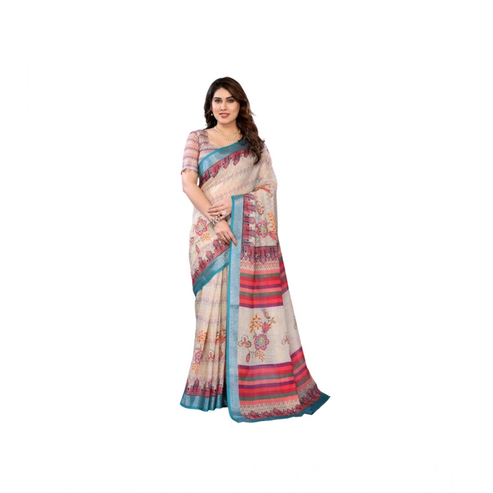 Women's Linen Cotton Printed Saree With Unstitched Blouse 5.5Mtr?(Cream)