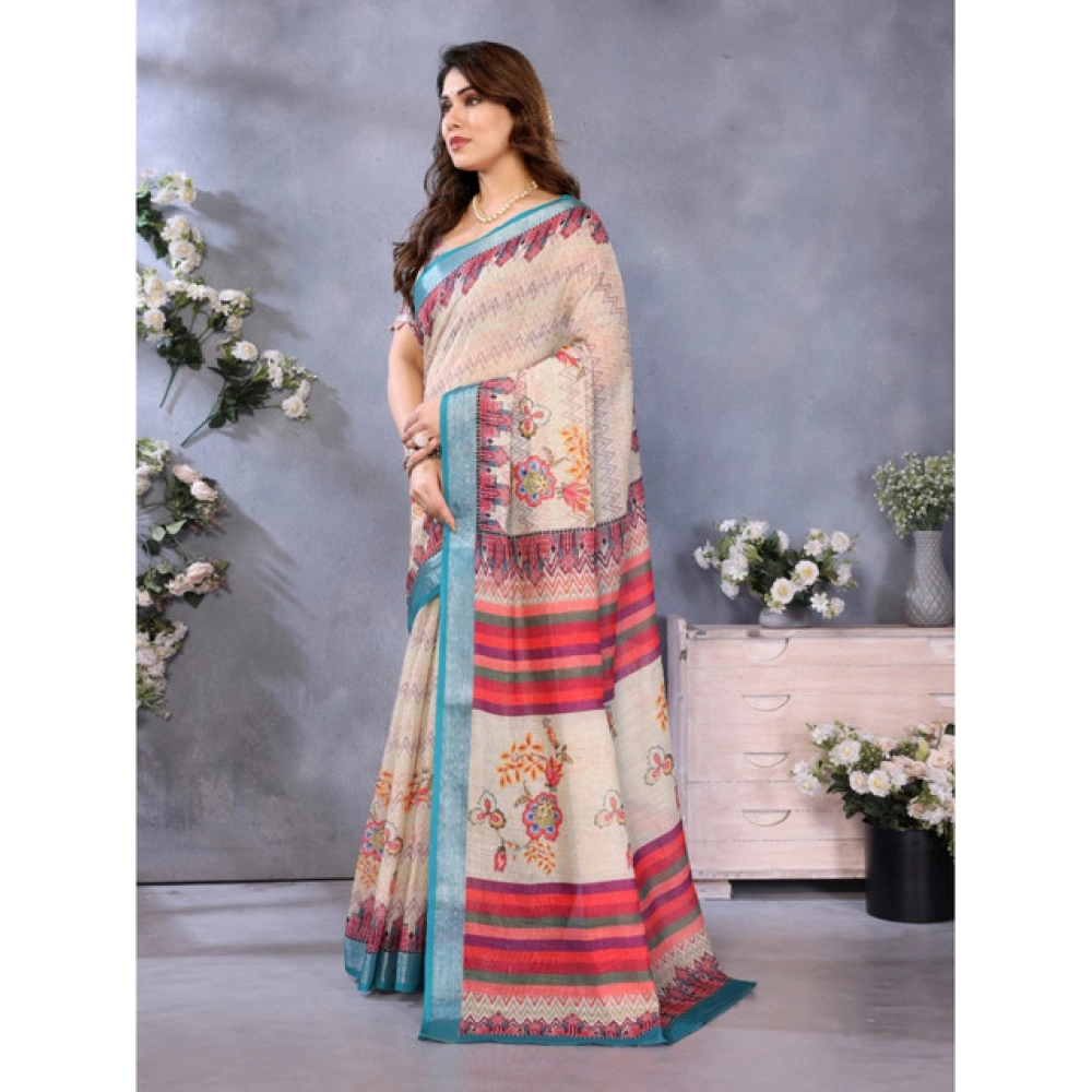 Women's Linen Cotton Printed Saree With Unstitched Blouse 5.5Mtr?(Cream) - Image 2