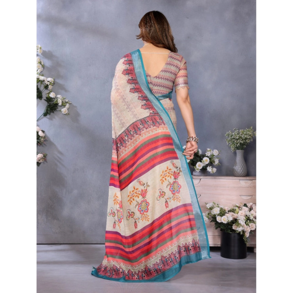 Women's Linen Cotton Printed Saree With Unstitched Blouse 5.5Mtr?(Cream) - Image 3