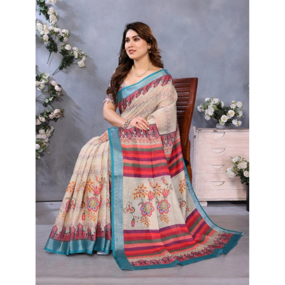Women's Linen Cotton Printed Saree With Unstitched Blouse 5.5Mtr?(Cream) - Image 4