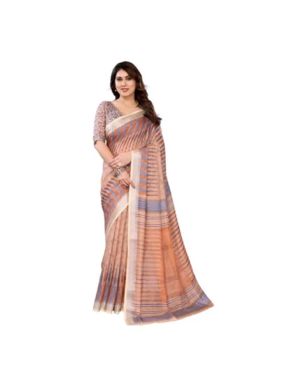 Women's Linen Cotton Printed Saree With Unstitched Blouse 5.5Mtr?(Brown)