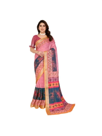 Women's Linen Cotton Printed Saree With Unstitched Blouse 5.5Mtr?(Pink)