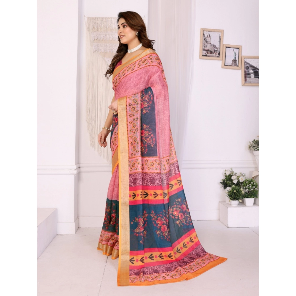 Women's Linen Cotton Printed Saree With Unstitched Blouse 5.5Mtr?(Pink) - Image 2