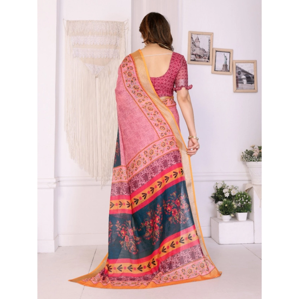 Women's Linen Cotton Printed Saree With Unstitched Blouse 5.5Mtr?(Pink) - Image 3