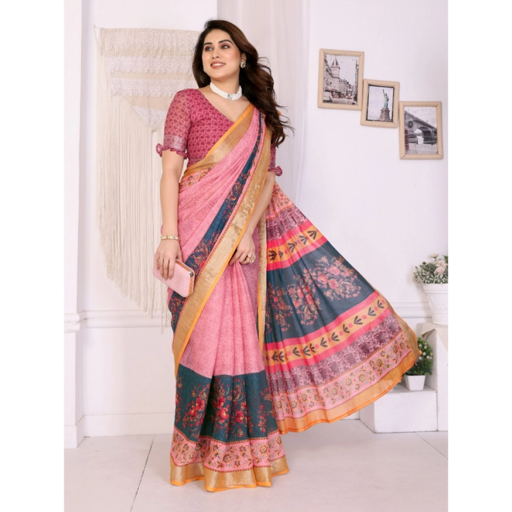 Women's Linen Cotton Printed Saree With Unstitched Blouse 5.5Mtr?(Pink) - Image 4