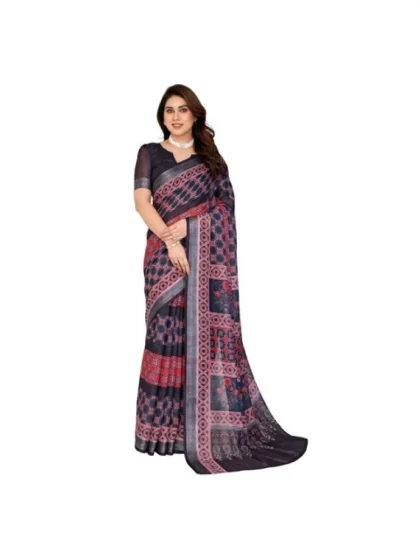 Women's Linen Cotton Printed Saree With Unstitched Blouse 5.5Mtr?(Black)