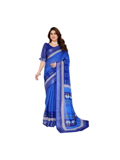 Women's Linen Cotton Printed Saree With Unstitched Blouse 5.5Mtr?(Blue)