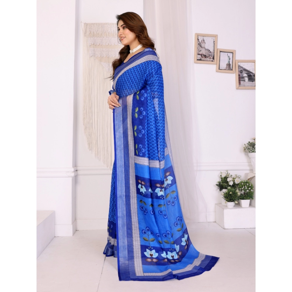 Women's Linen Cotton Printed Saree With Unstitched Blouse 5.5Mtr?(Blue) - Image 2
