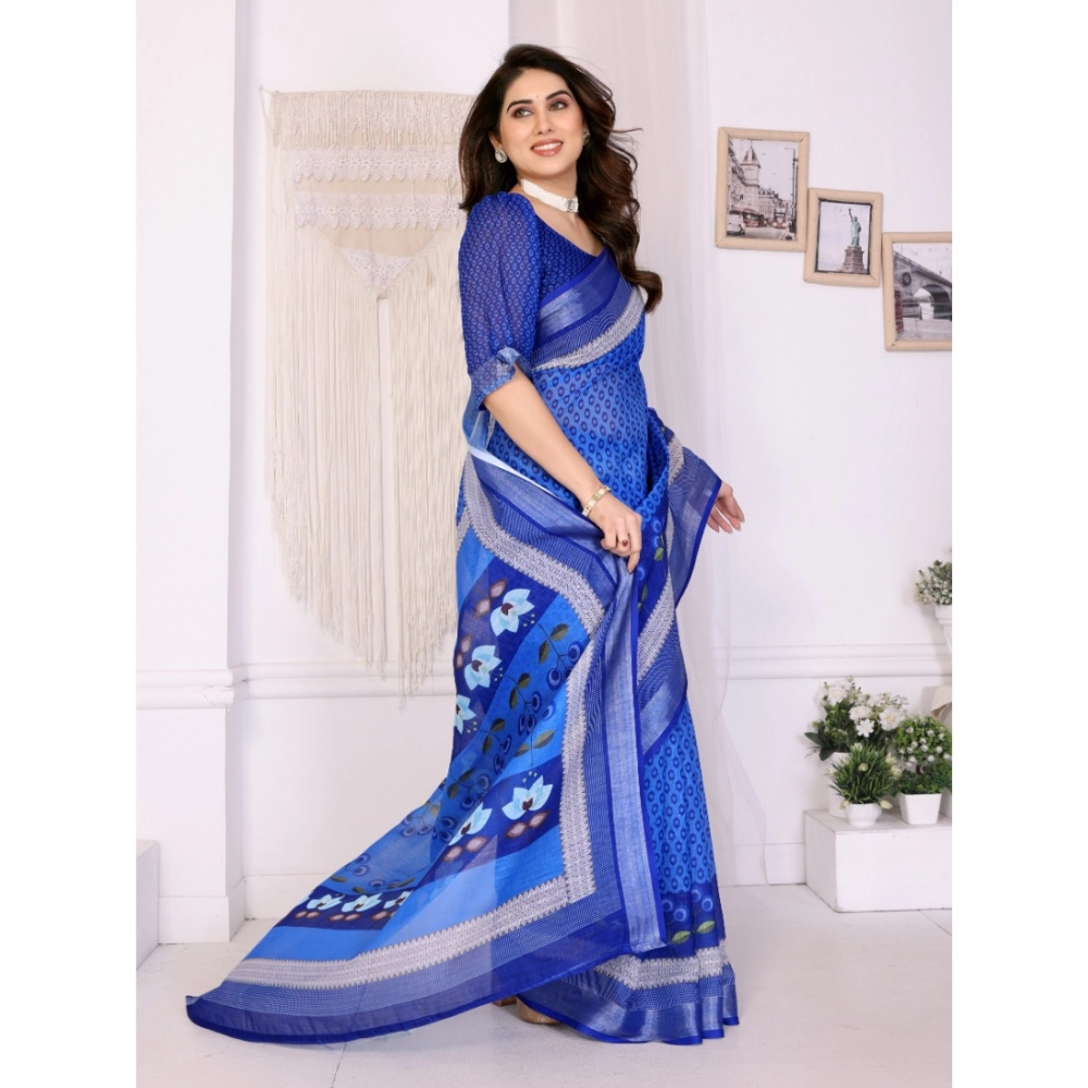 Women's Linen Cotton Printed Saree With Unstitched Blouse 5.5Mtr?(Blue) - Image 3