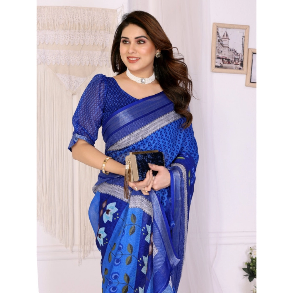 Women's Linen Cotton Printed Saree With Unstitched Blouse 5.5Mtr?(Blue) - Image 4