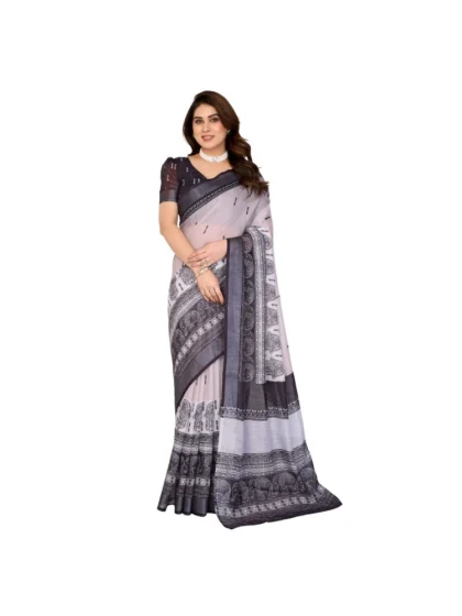 Women's Linen Cotton Printed Saree With Unstitched Blouse 5.5Mtr?(White & Black)