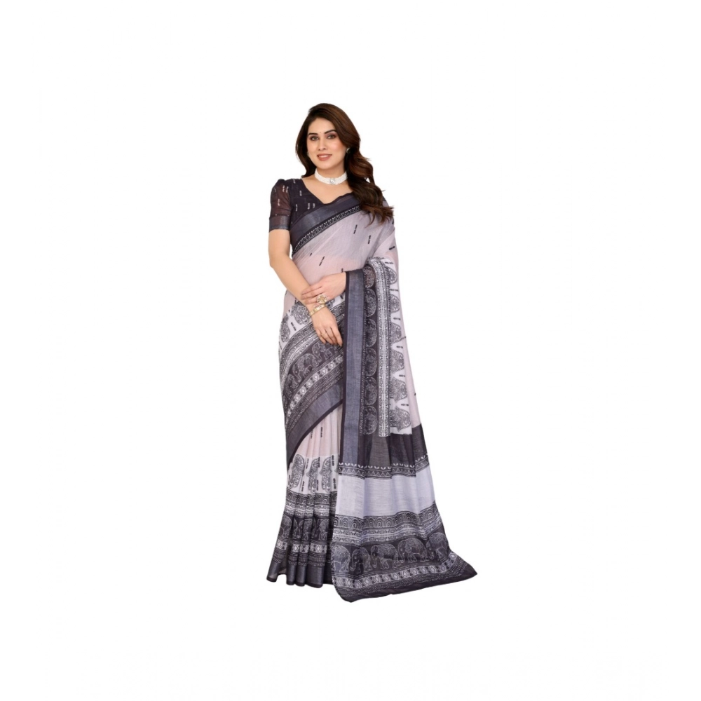Women's Linen Cotton Printed Saree With Unstitched Blouse 5.5Mtr?(White & Black)