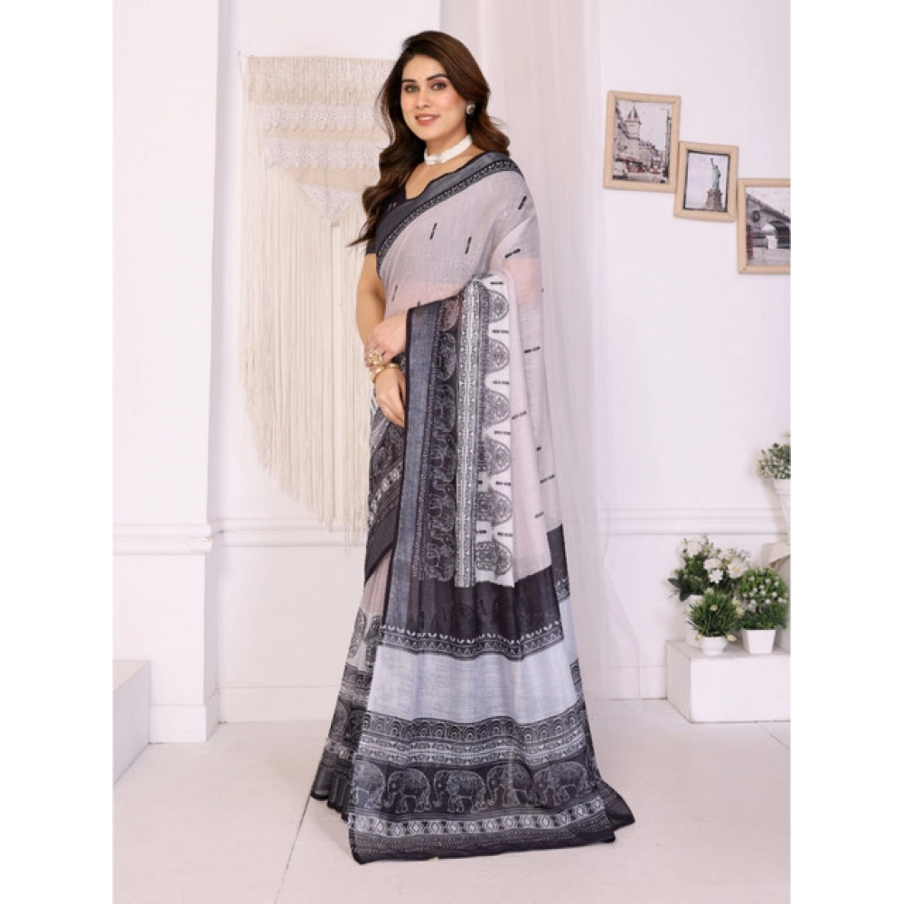 Women's Linen Cotton Printed Saree With Unstitched Blouse 5.5Mtr?(White & Black) - Image 2