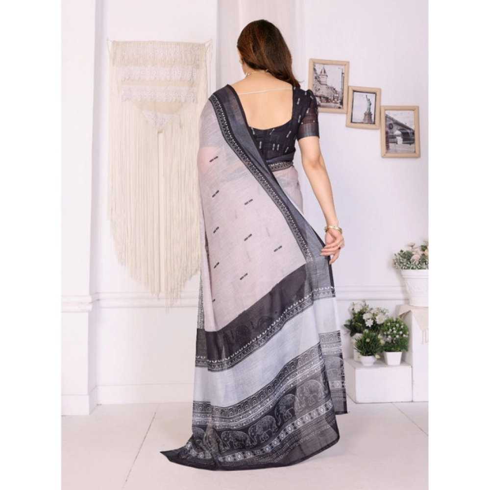 Women's Linen Cotton Printed Saree With Unstitched Blouse 5.5Mtr?(White & Black) - Image 3