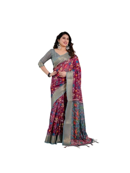 Women's Linen Printed Saree With Unstitched Blouse 5.5Mtr?(Purple)
