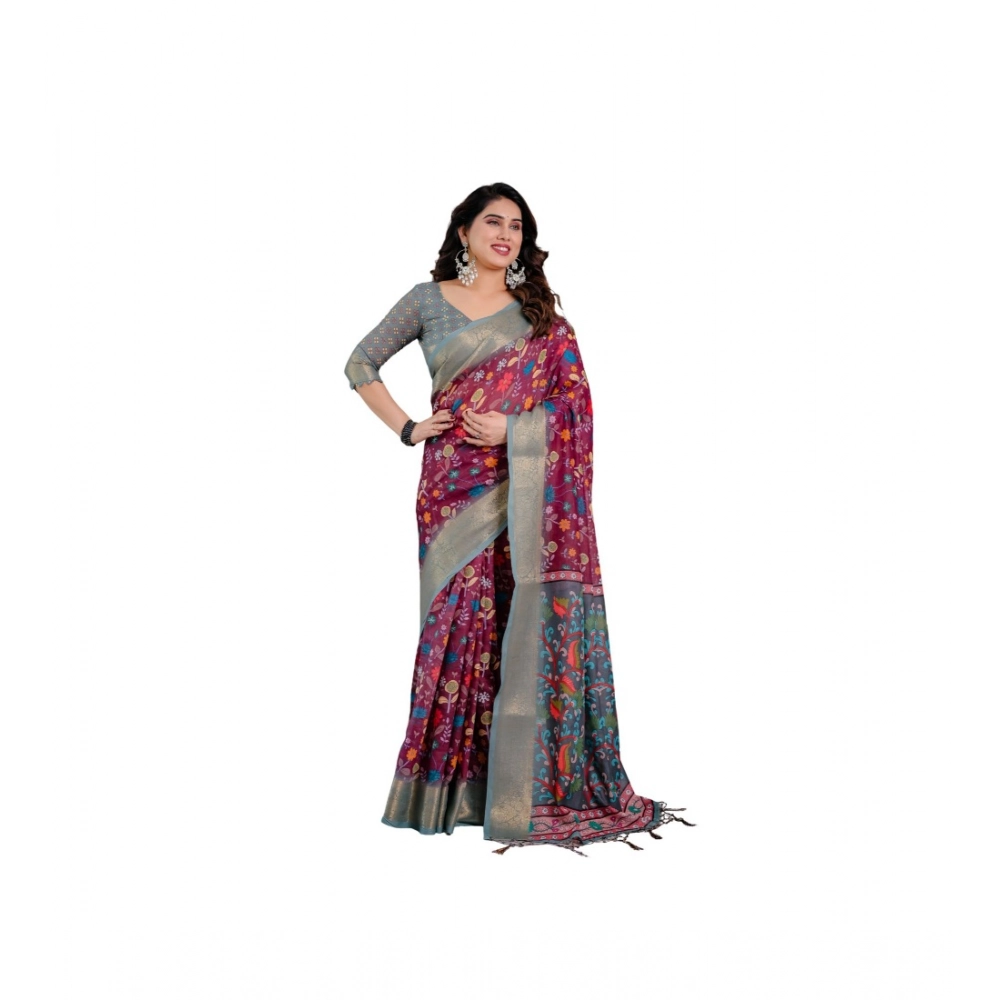Women's Linen Printed Saree With Unstitched Blouse 5.5Mtr?(Purple)