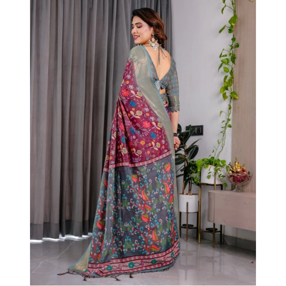 Women's Linen Printed Saree With Unstitched Blouse 5.5Mtr?(Purple) - Image 2