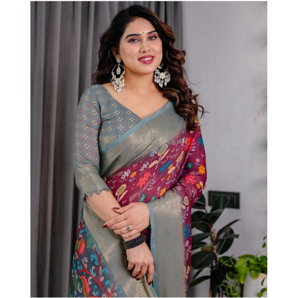 Women's Linen Printed Saree With Unstitched Blouse 5.5Mtr?(Purple) - Image 3