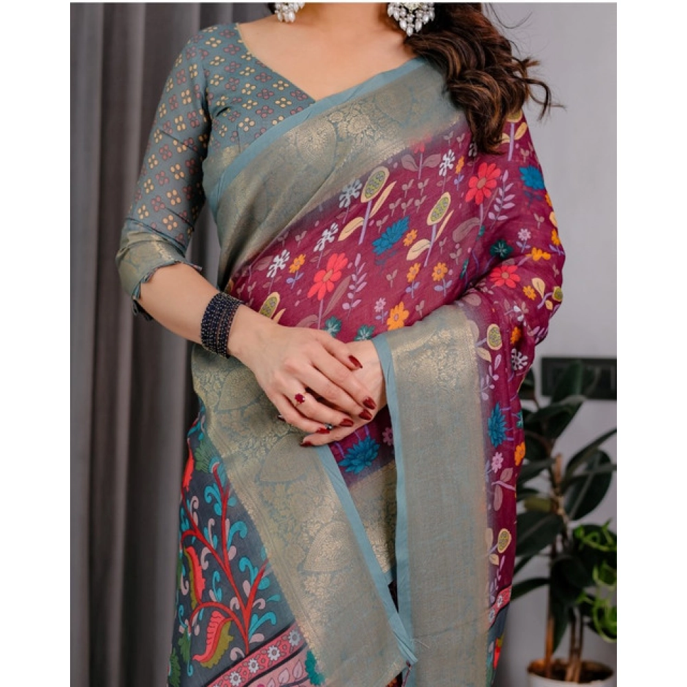 Women's Linen Printed Saree With Unstitched Blouse 5.5Mtr?(Purple) - Image 4
