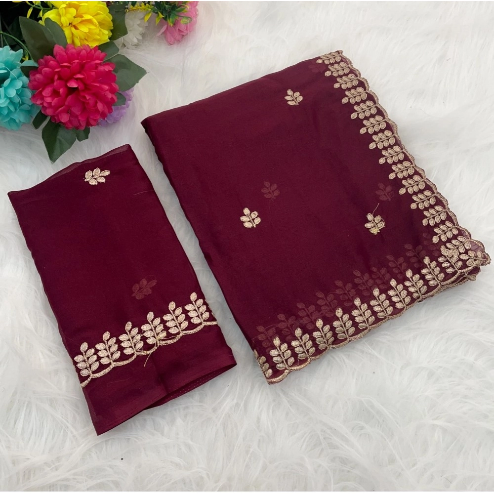 Women's Georgette Embroidered Saree With Unstitched Blouse 5.5Mtr (Red)