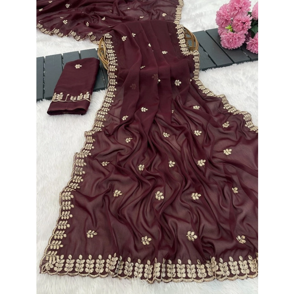 Women's Georgette Embroidered Saree With Unstitched Blouse 5.5Mtr (Maroon)