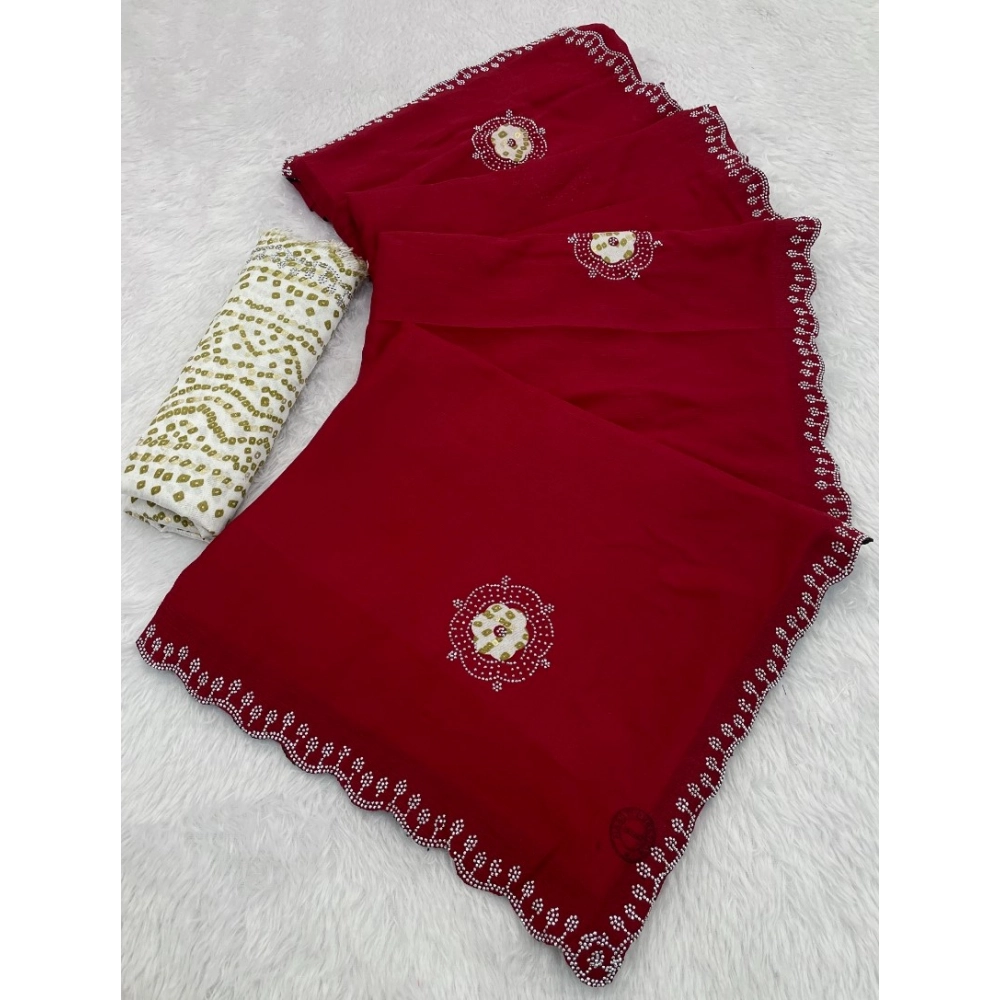 Women's Chiffon Butti Dotted Saree With Unstitched Blouse 5.5Mtr (Red)